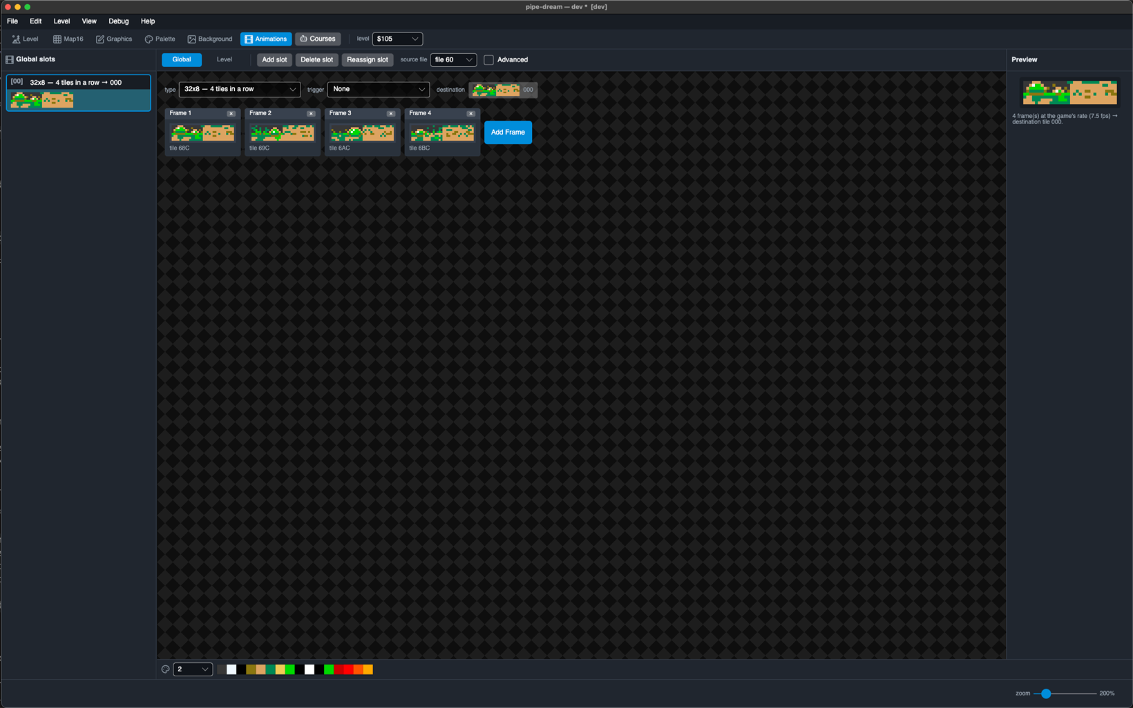 The Animations editor: a global 32x8 slot with four frames and a live preview.