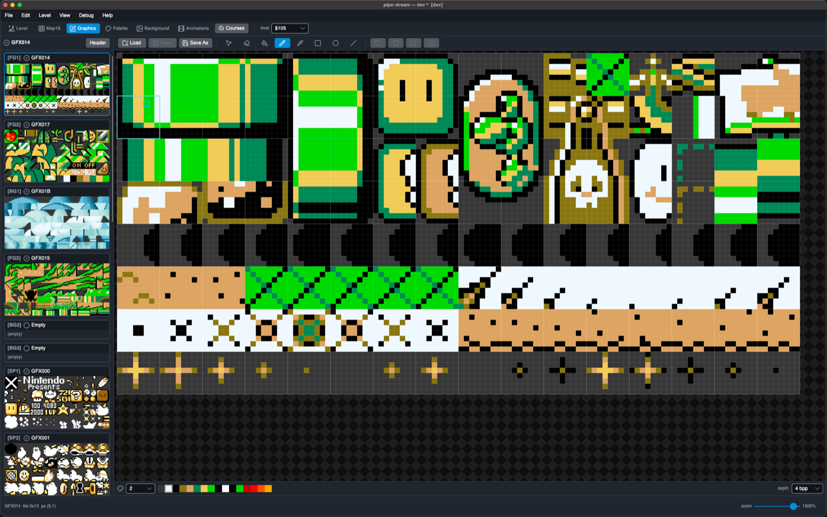 The Graphics editor: GFX014 zoomed to 1500% with pixel tools along the top
                and the loaded FG, BG and sprite files listed on the left.