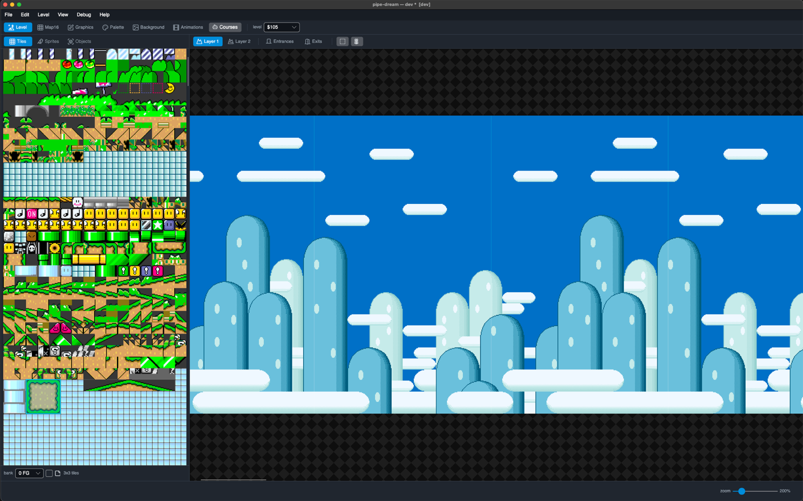The Level editor: level $105 on Layer 1 with a sky background of clouds and
                blue hills, and the FG tile picker down the left side.