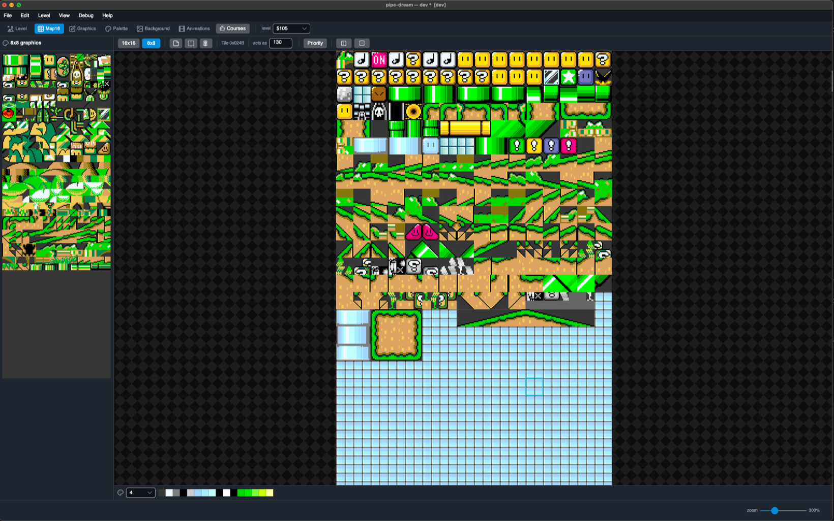 The Map16 editor: the 16x16 tile map for level $105 with the 8x8 graphics
                picker down the left side.